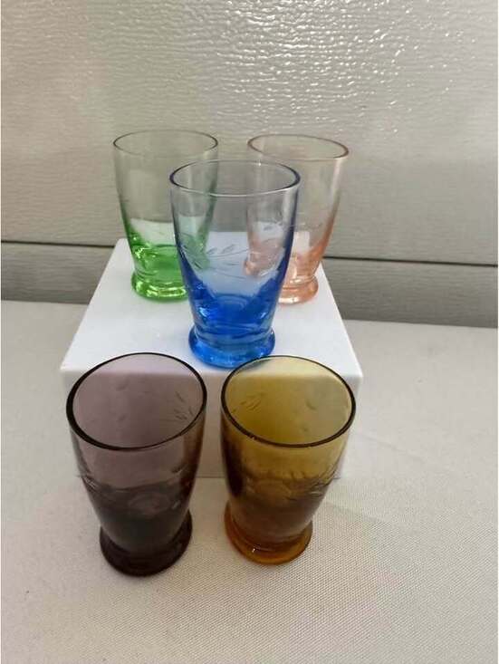 Other - Set of 5 Vintage Etched Multi-Color Glass shot glasses